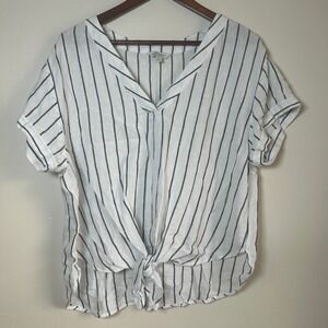Lucky Brand Striped Top Women Large White Black Linen Blend Front Tie V-Neck